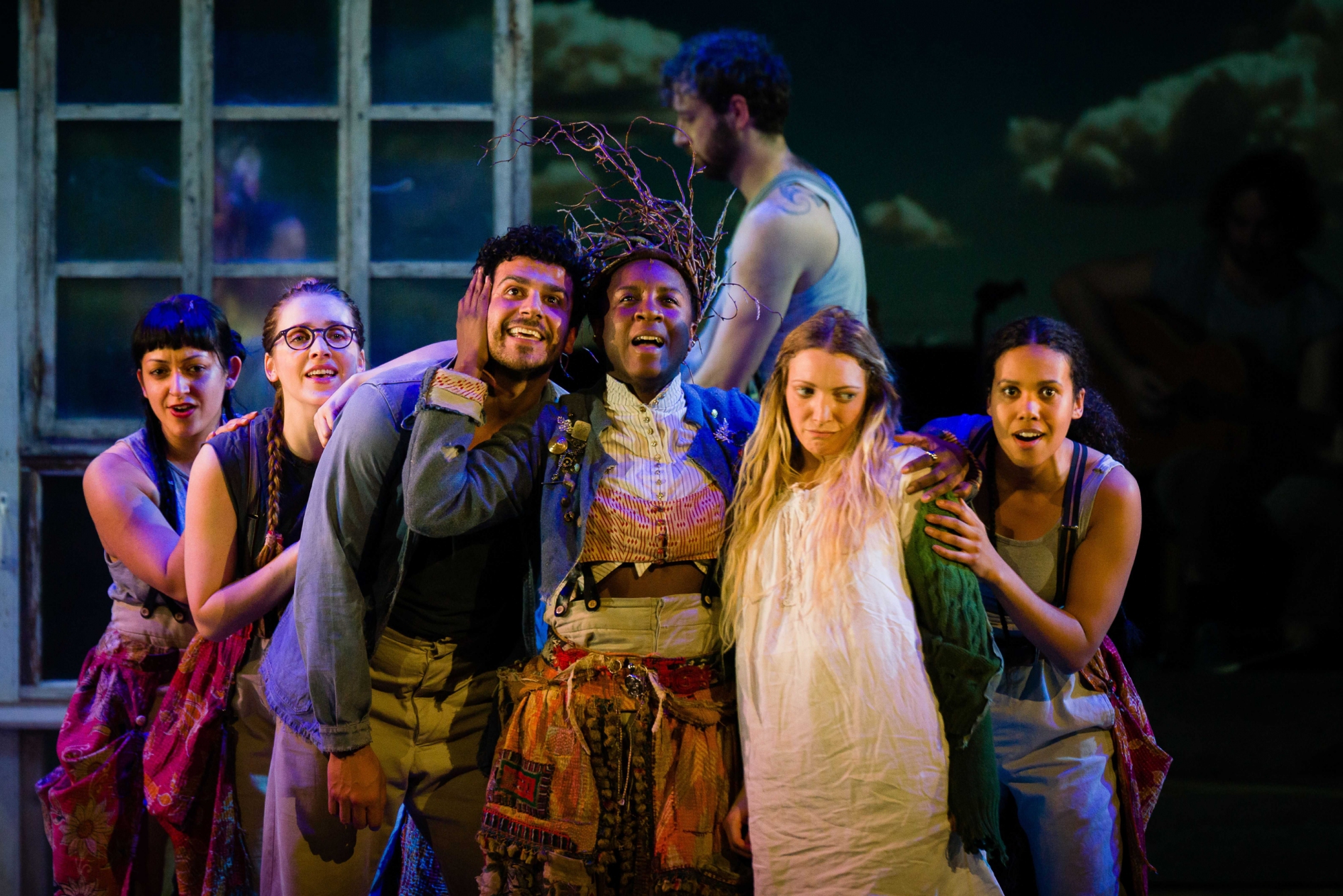 Liam Tamne as Heathcliff, Lucy McCormick as Catherine, Nandi Bhebhe as The leader of the moors in Wise Children’s Wuthering Heights. Photo by Steve Tanner