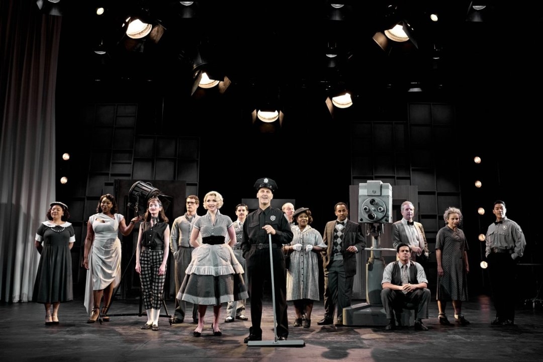 Liam Tamne (Carl) and the company of Alfred Hitchcock Presents. Theatre Royal Bath. Photo by Manuel Harlan.