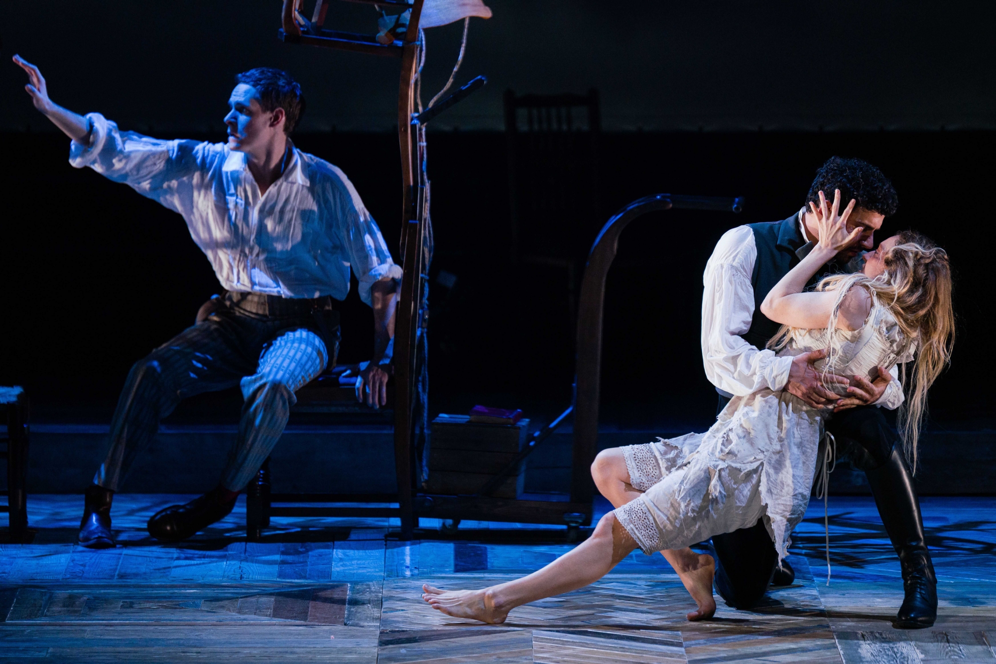Liam Tamne as Heathcliff, Lucy McCormick as Catherine and Sam Archer as Edgar Linton in Wise Children’s Wuthering Heights. Photo by Steve Tanner
